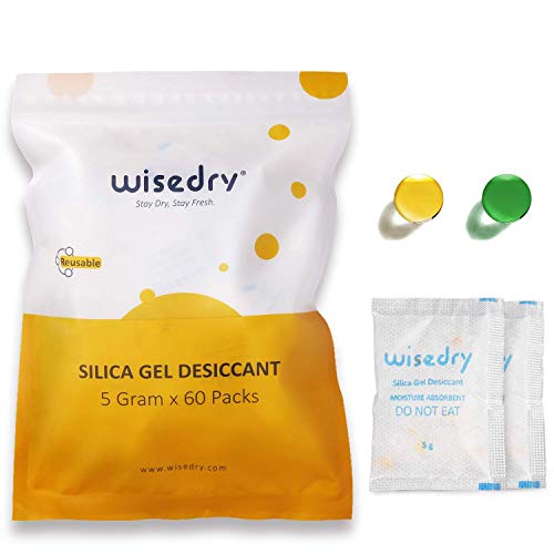 wisedry 5 Gramos x 60 Paquetes Gel De Sílice Desecante bolsitas con Perlas de Naranja Indicador de Humedad Absorbe Humedad para Secador,Deshumidificador de Grado alimenticio