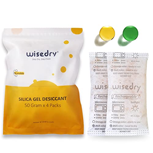 wisedry 50 Gramos[4 Paquetes] Gel De Sílice bolsitas Desecante Reutilizable con Microondas Reactivado rápido En 2mins & Naranja a Verde Que Indicador de Absorción de Humedad Deshumidificador de Grado