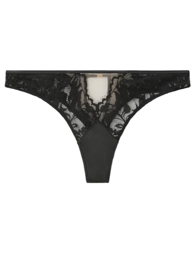 Women'secret Tanga Alto Encaje y Transparencias Negro Lencería, L para Mujer