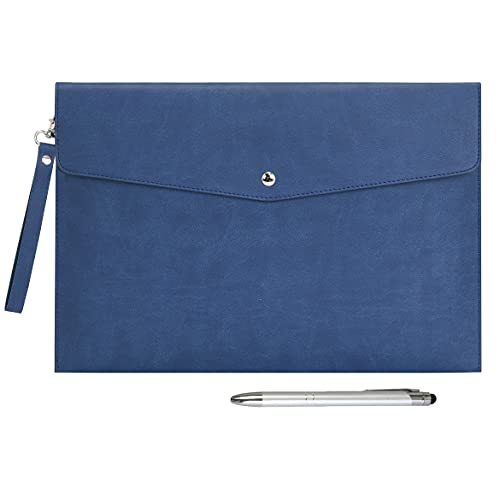 Wonderpool A4 PU cuero sobre documentos multifunción carpetas papelería bolsa - Archivo de cartera para organizador de cartas de papel y funda para tablet PC (Azul oscuro)