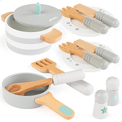 WOOMAX Vajilla Juguete, Accesorios Cocina, Utensilios, 12 Piezas de Madera Natural, Juguetes de Hogar, +2 Años, 49328