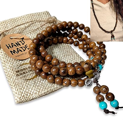 WORLD GOBLINS 108 Cuentas de Oración, Pulsera Mala de Madera Natural Tibetano Budista para Meditación. Collar Mala + Bolsa de Regalo para Parejas