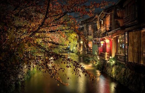 XHHZ Pintura al óleo con temática de paisaje urbano, canal nocturno de ramas de Kioto de Japón, pintura por números en lienzo, kits de pintura incluye pincel y pigmentos, 40 x 50 cm, sin marco