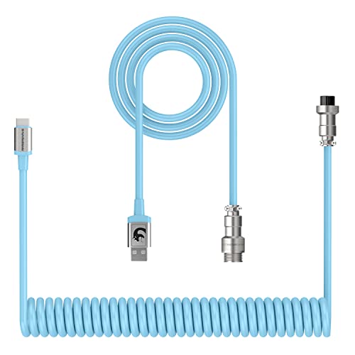 XINMENG Cable de Teclado en Espiral C01, Cable de Aviador en Espiral Personalizado Extensible de TPU, Tipo C a USB-A, con Conector de aviación de Metal Dorado Desmontable - Azul
