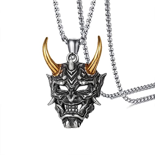 XPEX 1 Pièces Colgante Prajna,Collar Colgante Diablo,Collar Colgante Calavera para Hombre,Collar Máscara oni,Collar Joyería Punk Diablo,Colgante Hip Hop Punk para Hombre(Oro,60cm)