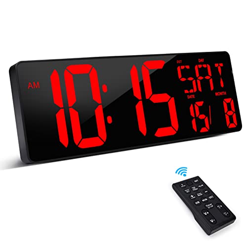 XREXS Despertador Digital con Control Remoto, 16,5'' Reloj de Pared LED Digital, Reloj Despertador Digital con Brillo Ajustable, Reloj Pared Digital con Hora/Fecha/Temperatura (Rojo)