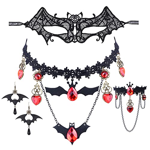 YADOCA Joyas Góticas Gargantilla de Encaje Negro Collar con Pendientes de Pulsera de Murciélago Máscara de Mascarada Disfraz de Vampiro de Halloween Accesorios para Mujer Fiesta Punk