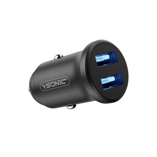 YSONIC - Cargador de Coche USB - Ideal para Dispositivos con USB, Teléfonos Móviles, Smartphones, Adaptador de Carga, 2 Puertas USB, Toma de Mechero, Aluminio, LED Azul, 12-24V