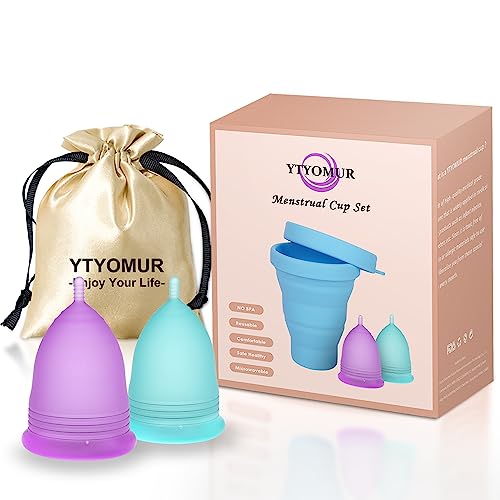 YTYOMUR Copas Menstruales, 2 Copas Suaves para el Periodo con Vaso Limpiador Plegable - Higiene Femenina Alternativa a Tampones y Compresas, Reutilizables de Silicona Premium