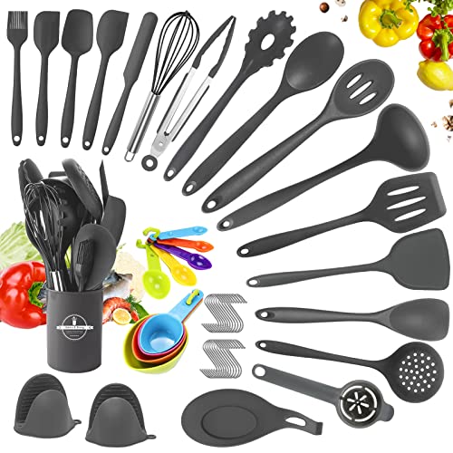 YUTUY Utensilios de Cocina de Silicona,49pcs Juego de Utensilios de Cocina,Utensilios Cocina de Silicona Antiadherente,Resistente al Calor,Cucharas de Cocina,Cucharas de Drenaje-Gris Oscuro