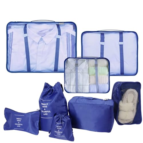 YZZAOO Organizador de Equipaje, 8 Piezas Organizadores Maletas de Viaje, Viajes Accesorios Bolsas Organizadoras Maleta Para Ropa, Cosméticos, Ropa Interior, con Bolsa de Zapato, Azul Oscuro