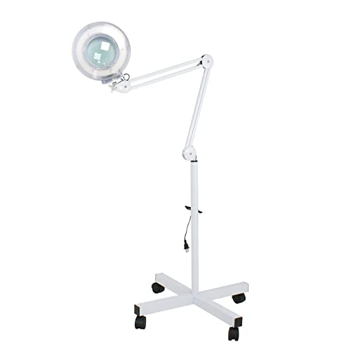 ZEMO - Lámpara de pie con lupa, lupa de esteticista profesional LED con 4 ruedas, aumento 5 x altura ajustable, brazo giratorio, para spa, salón, tatuaje, salón de manicura, color blanco