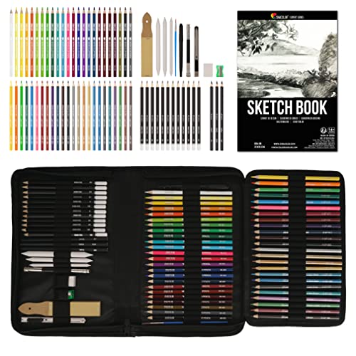 Zenacolor, Kit Dibujo, Maletín de Dibujo con 24 Lápices de Acuarela, 12 Lápices de Colores, 12 Lápices Metálicos, 12 Lápiz Papel y Un Cuaderno para Dibujar - 74 Piezas