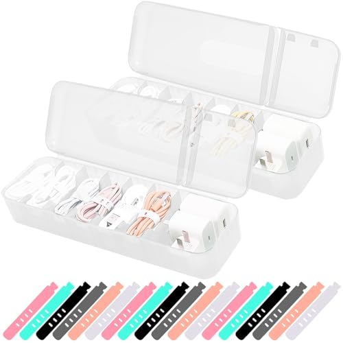 Zeuwets 2 Piezas Organizador de Cables con Tapa, Caja de Gestión de Cables con 7 Compartimentos & 18 Bridas de Cables, Caja de Plástico para Almacenamiento de Escritorio, Oficina (Blanco)