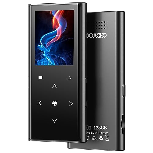 ZOOAOXO 128GB Reproductor MP3, Reproductor de Música con Bluetooth 5.2, Altavoz HD Incorporado, Radio FM, Grabadora de Voz, Diseño Mini, Sonido de HiFi, Ideal para Deportes, Auriculares Incluidos