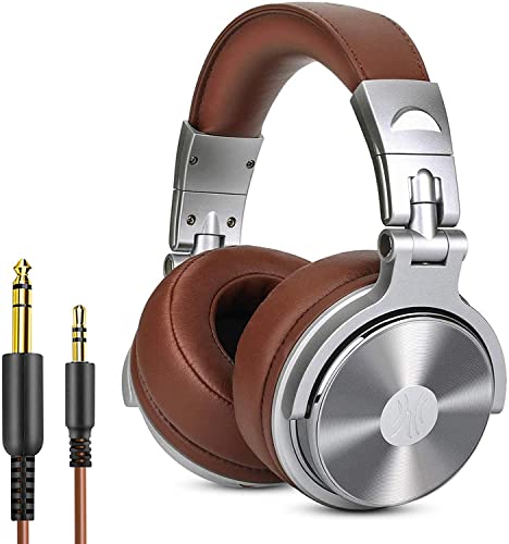 OneOdio Pro30 Auriculares DJ, Auriculares con Cable de Estudio, Estéreo de Alta Definición con Micrófono para Monitoreo Grabación y Mezclas, 50mm Controladores, Orejeras Proteicas, Plata y Marrón