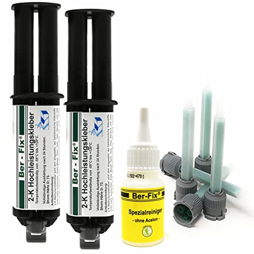 Ber-Fix 2 x 25 g 2 K pegamento de alto rendimiento Express 3 min plástico 2 K adhesivo para metal extra fuerte + 5 puntas + limpiador de metal PVC GfK madera epoxi resina libre también se puede